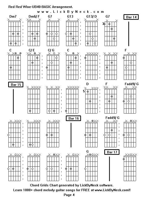 Chord Grids Chart of chord melody fingerstyle guitar song-Red Red Wine-UB40-BASIC Arrangement,generated by LickByNeck software.